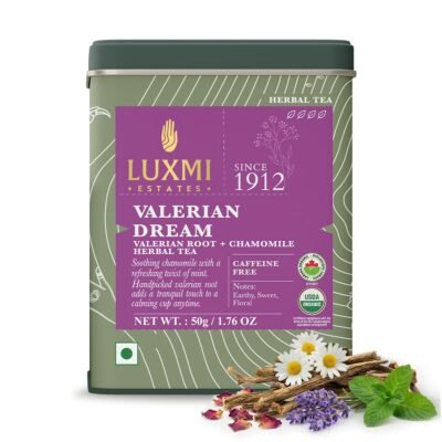 Luxmi Estates Valerian Dream Organic Sleep Infusion, 50g Tin Caddy, Caffeine-Free Herbal Tea with Valerian Root, Chamomile, Lavender & Rose