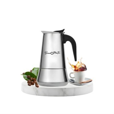 BEVEROMATIC Stainless Steel Moka Pot Coffee Maker – 200ml | 4-Cup | Silver